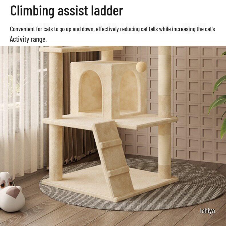 Compact Multi-Cat Tree: Climbing Frame, Bed, Scratching Post, and Jumping Platform for Small Spaces.