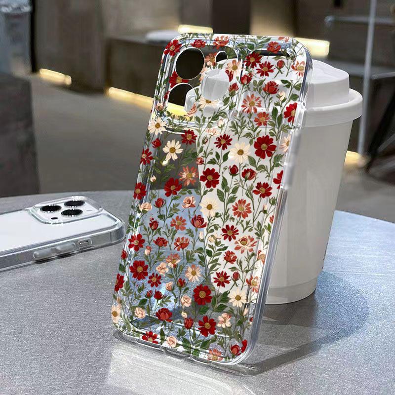 Clear Minimalism Red Flower Pattern Phone Case For IPhone 17e 16 17 16e 15 14 13 12 11 Pro Max Plus Soft Flexible Durable Cover