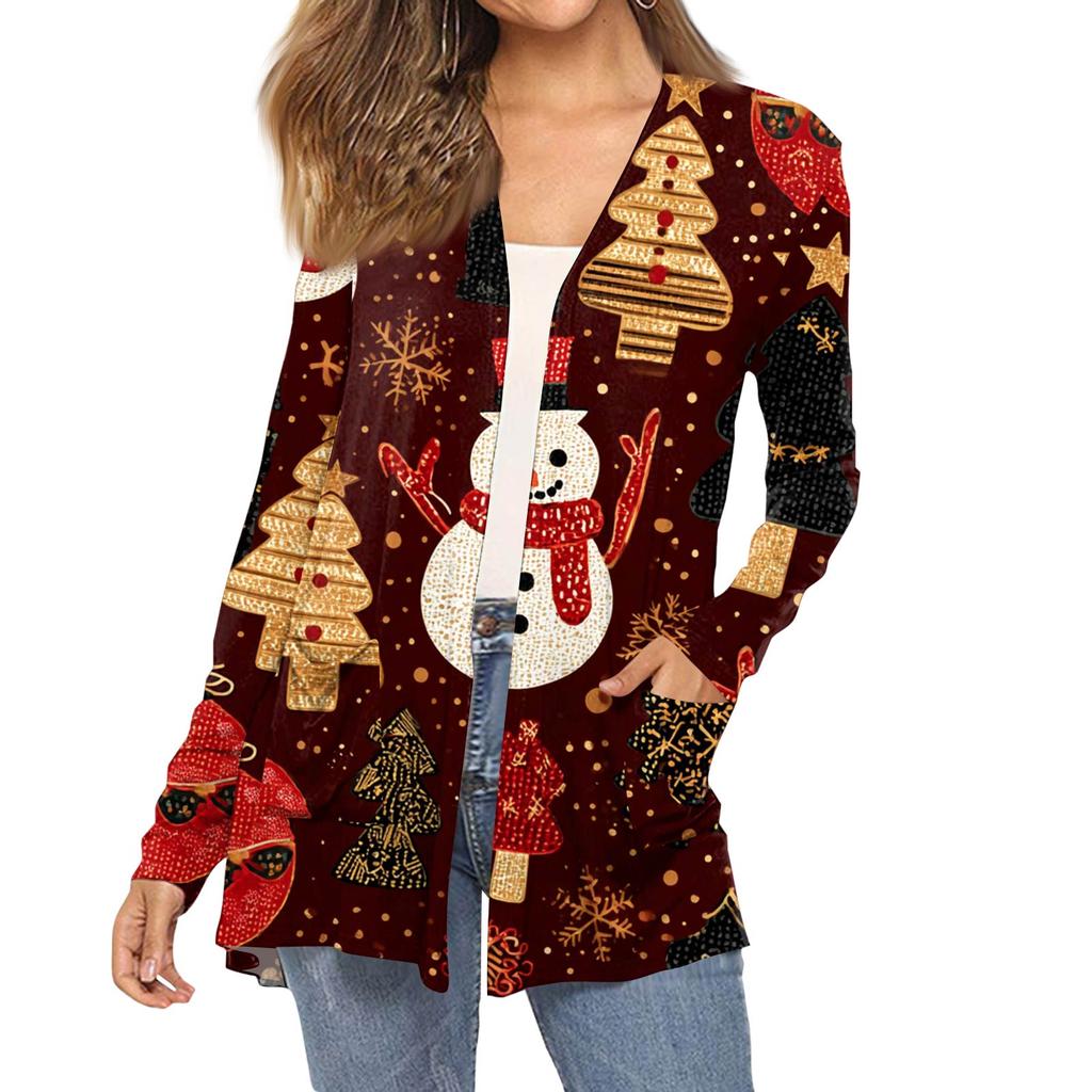 Women's Fashion Christmas Print Long-Sleeved Pocketed Slim-Fit Cardigan Coat