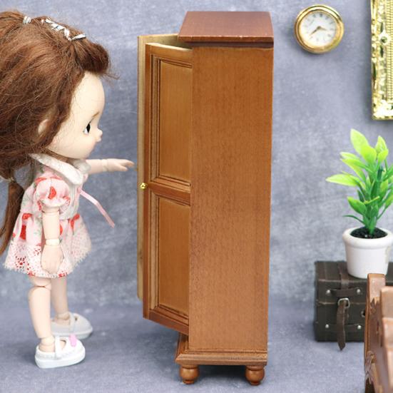 Miniature Wooden Wardrobe Retro Meticulous Workmanship Minimalistic Dollhouse Wooden Upright Wardrobe for 1/12 Doll House