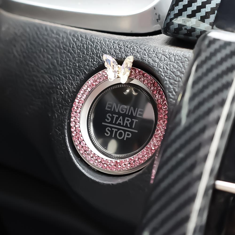 2pcs Car One Click Start Decorative Ring Button Diamond Sticker Bling Double Row Crystal Butterfly Ignition Ring Decorative Ring