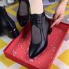 Fashion Women Ankle Boots Leather PU Elegant Mid Heels Retro Short Boots Fashion Pointed Toe Lace-up Black Summer Boots Plus Size 35 43