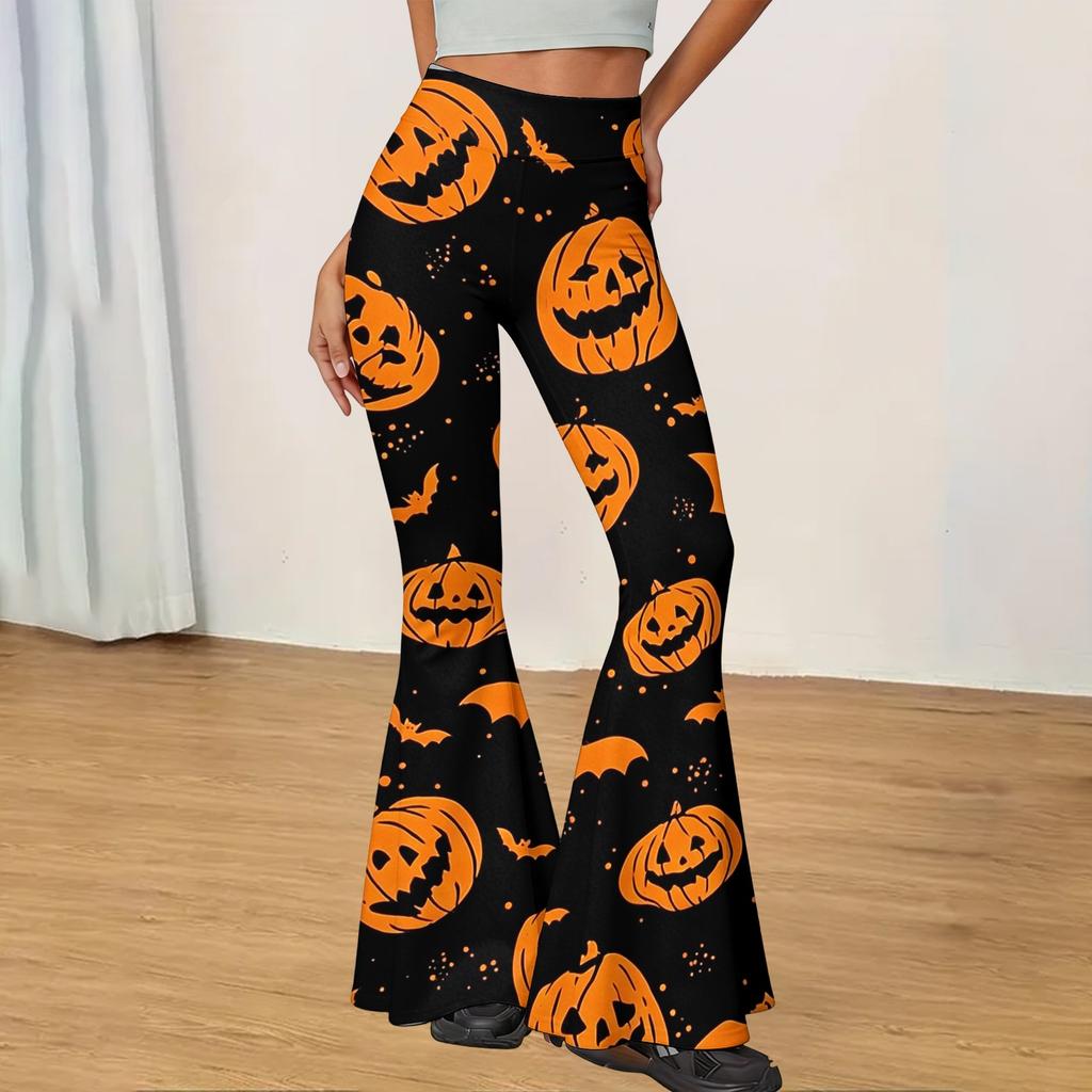 Women's Halloween Print Flared Yoga Pants Stretchy High Waist Casual Fitness Leggings Slim Fit Micro Flare Trousers for Everyday Wear