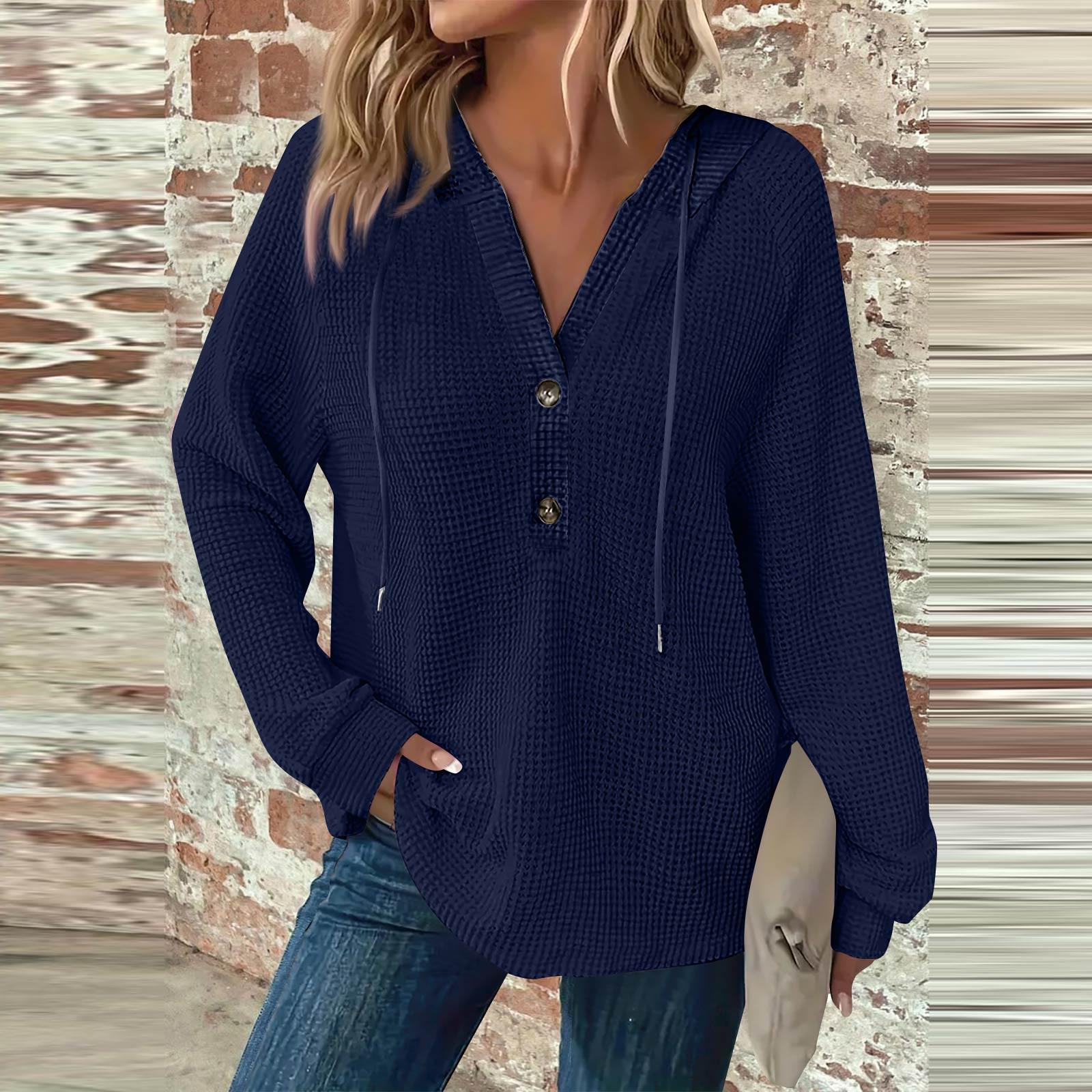 

Женская мода с длинным рукавом, завязками на шнурке, капюшоном, пуговицами, V-образным вырезом, повседневная толстовка с капюшоном S тёмно-синий