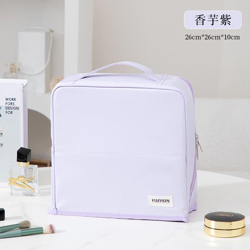 Hanging Makeup Case with Mirror, Large Capacity Travel Toiletry Bag, Trunk Organizer with Stand-Up Base & Brush Holder