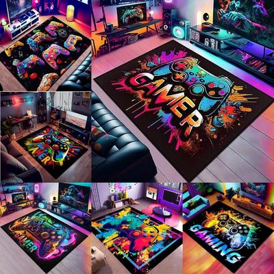 3D Neon Gaming Controller Carpet Full Coverage Rug Mat for Home Decoration Glowing Joystick Pattern Gaming Room Floor Decor