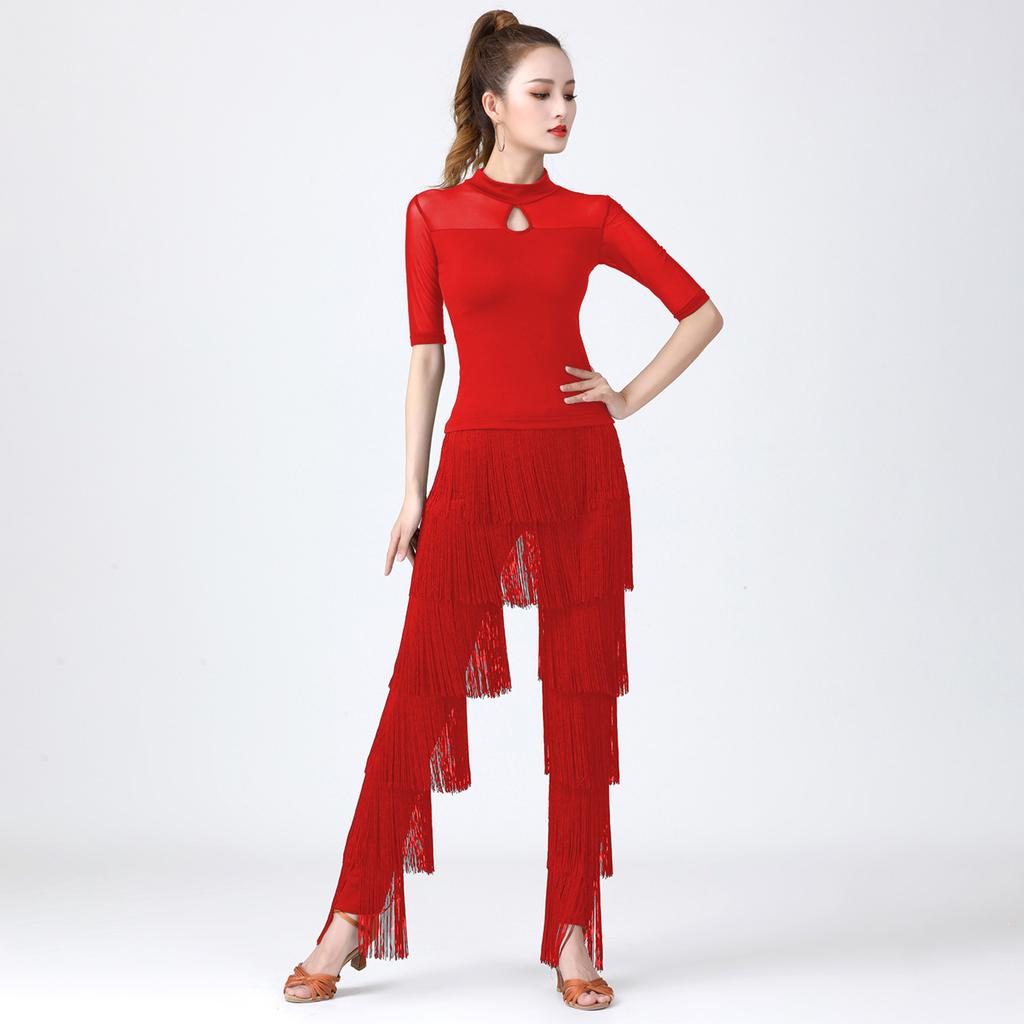 Women's Dancewear Elastic Waistband Tassel Latin Dance Pants Tango Cha-Cha Performance Costume Tiered Fringed Trousers