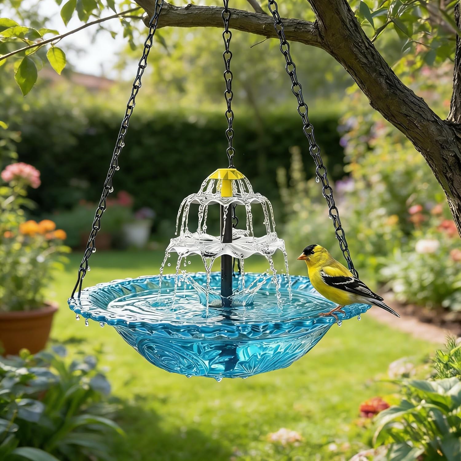 Hanging Bird Bath with Solar Fountain Cascade, Powered Birdbath Water Fountain Pumps Dispenser Outdoors Decor Bath Shower Bowl Kit Garden синий