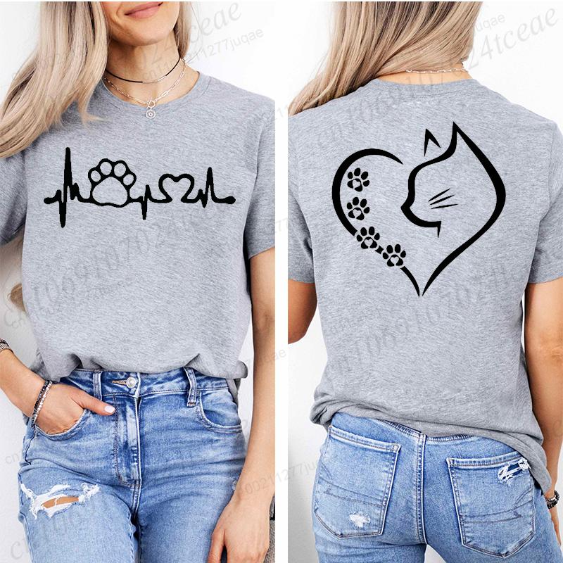 Cat Heart Women Print Tshirt Girl Short Sleeve Crew Neck TShirts Casual Top for Summer  Spring Cat Lover Womens Clothing