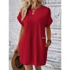 Summer Casual Women Dress Short Sleeve Round Neck Loose Pocket Solid Color Breathable Spring Fashion