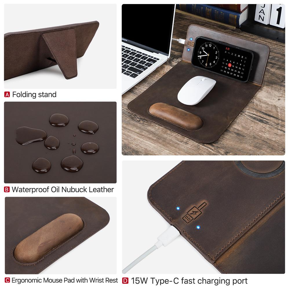Genuine Leather Mouse Pad With Qi Wireless Charging Desk Pad For Xiaomi Iphone Samsung Galaxy Huawei Type USB C Keyboard Mat