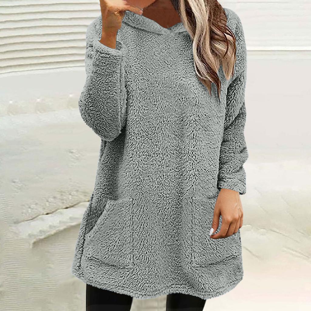 Womens Fuzzy Fleece Pullover  Double  Hoodies Ladies Warm Tops Winter Cozy Sweatshirt With Pockets