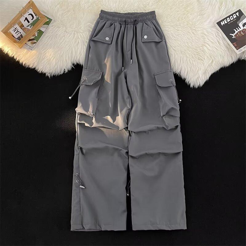 Summer Versatile Sports Casual Pants Men s Loose Straight Wide-leg Trousers Trendy Solid White Flap Pocket Cargo Jogger Pants S серый