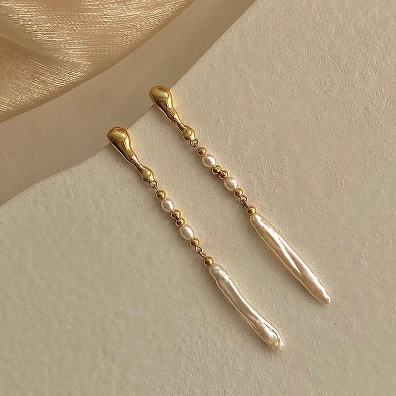 Baroque Silver Bar Freshwater Pearl Earrings Temperament Niche Long Rice Grain Freshwater Pearl Fringed Stud Earrings Women