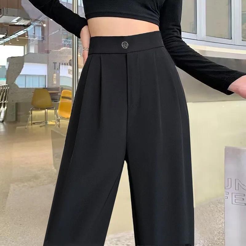 Ice Silk High-Waist Wide-Leg Pants - Women's Plus Size, Spring/Summer, Casual Black Drape