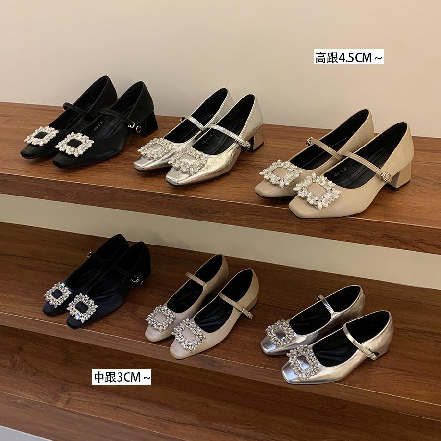 Coarse Heel French Silver Mary Jane Single Shoes Women's Shoes 2025 New Spring and Autumn Square Head Rhinestone Temperament High Heels