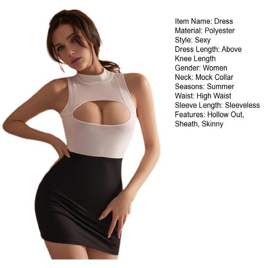 2Pcs/Set Women Nightdress with Pantyhose Hollow Chest Sleeveless Skinny Sheath Secretary Cosplay Uniform Club Dancing Mini