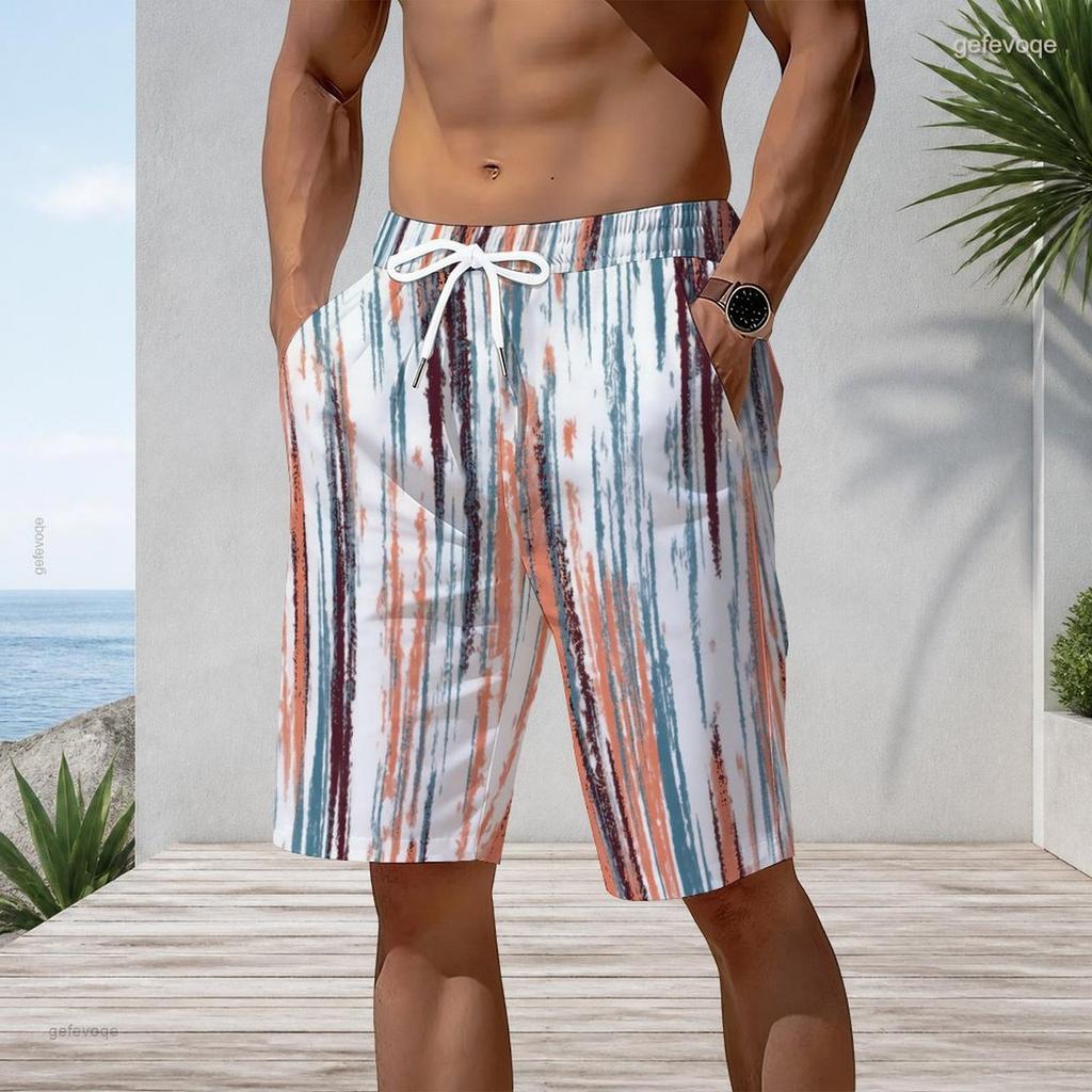 Men Plus Size Tie Dye Vertical Stripe Beach Shorts Quick Dry Casual Swim Trunks With Pockets For Summer Swimming Surfing
