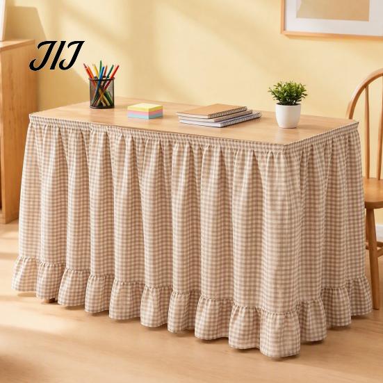 Conference Room Table Decoration 6Ft Gingham Skirt with Ruffled Edge, Checkered Teacher Desk Skirt, Pastoral Style Plaid Decor Hook And Loop Wrap for