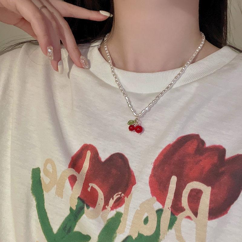 Elegant Pearl Cherry Necklace: Luxe Summer Clavicle Chain for Women