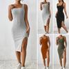 Summer Women Sleeveless Square Neck Sheath Dress Solid Color Elastic Side Split Skinny OL Commute Breathable