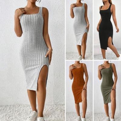 Sommer Damen Ärmellos Quadratischer Ausschnitt Etuikleid Einfarbig Elastisch Seitenschlitz Eng OL Pendeln Atmungsaktiv