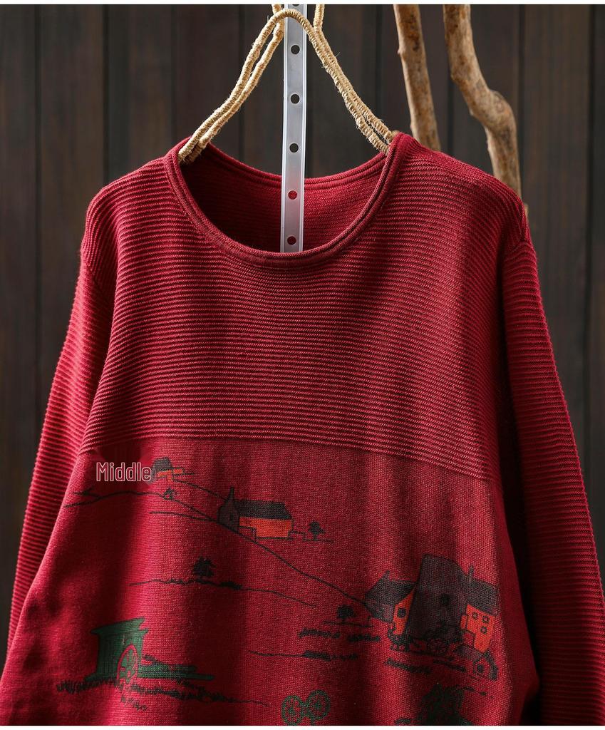 Autumn Cartoon Print Long Sleeve Knit Cotton Sweater for Women