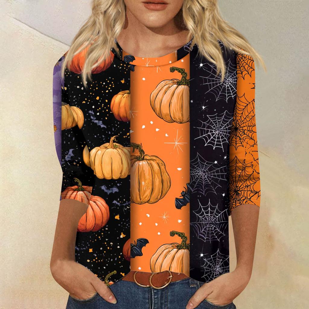 Dámské módní ležérní tričko s tříčtvrtečním rukávem a halloweenským potiskem, s kulatým výstřihem
