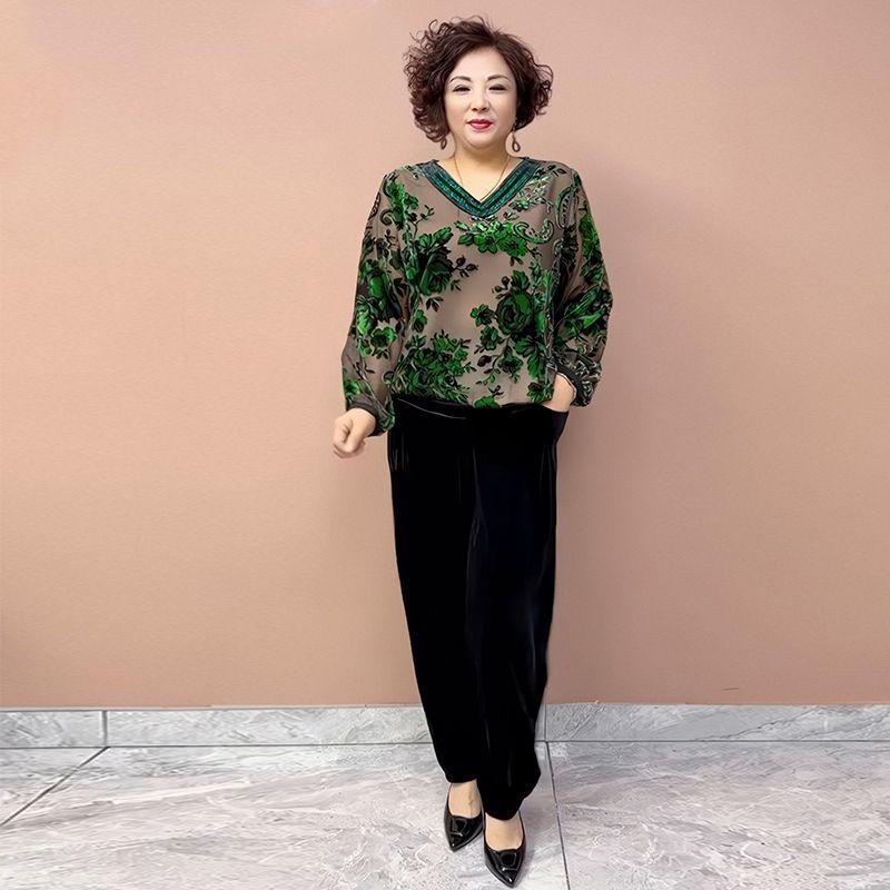 2PCS Pants Suts Spring Summer High-end Women's Velvet Plus-Size Silk Blouse Velvet Pants Two-Piece Set Loose Flocked Printed Blouse Velvet Pants Set