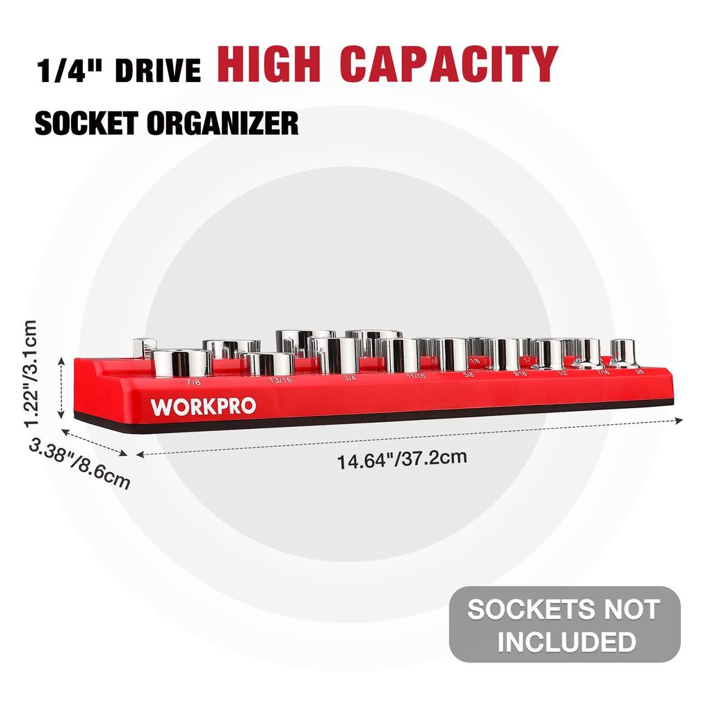 WORKPRO Magnetic Socket Organizer SAE Metric Magnetic Socket Set for Tool Boxes and Tool Holds 35 Standard Sockets Not 1/2-Inch Set, & Holder, 2-Piece