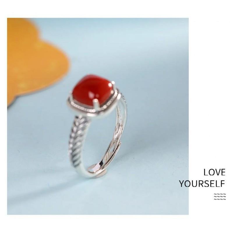 Adjustable Open Ring With Square Wheat Motif Red Agate Or Amber Inlay Vintage Bohemian Style Copper Jewelry Men Women