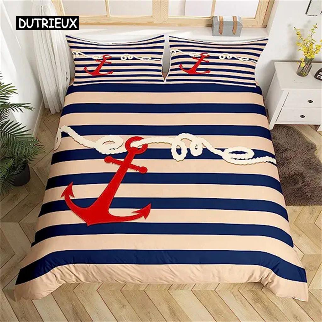 Anchor Duvet Cover Nautical Bedding Set Ship Anchor Chain With Lines Comforter Cover For Children Teen Bedroom Decoration Gifts