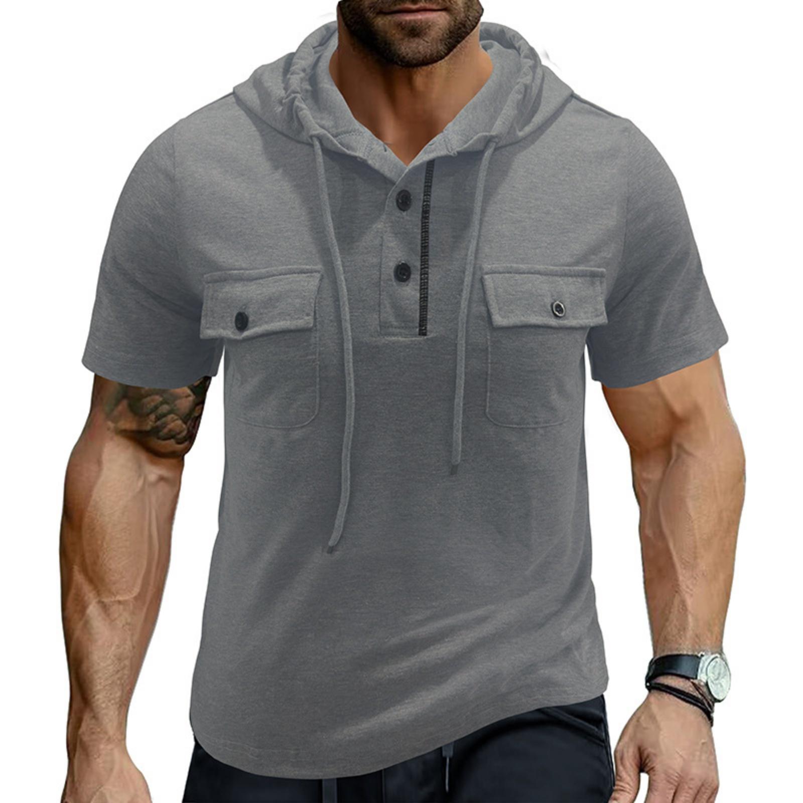 Men s Solid-color Casual And Trendy Hooded Loose Double-pocket Short-sleeved Top XL светло-серый 2080₽
