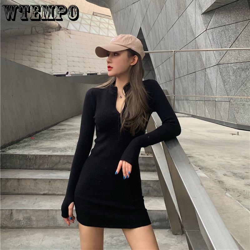 Ανοιξιάτικο και Φθινοπωρινό γυναικείο φόρεμα Μαύρο πικάντικο πλεκτό φόρεμα για κορίτσια με τυλιγμένη κοντή φούστα γοφό Στενή και καθαρά υπόστρωμα μακρυμάνικη φούστα