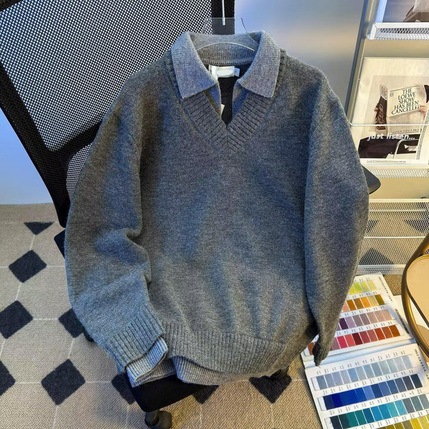 

Two-Piece Style Grey Knit Color Block Lapel Sweater for Autumn/Winter L сірий