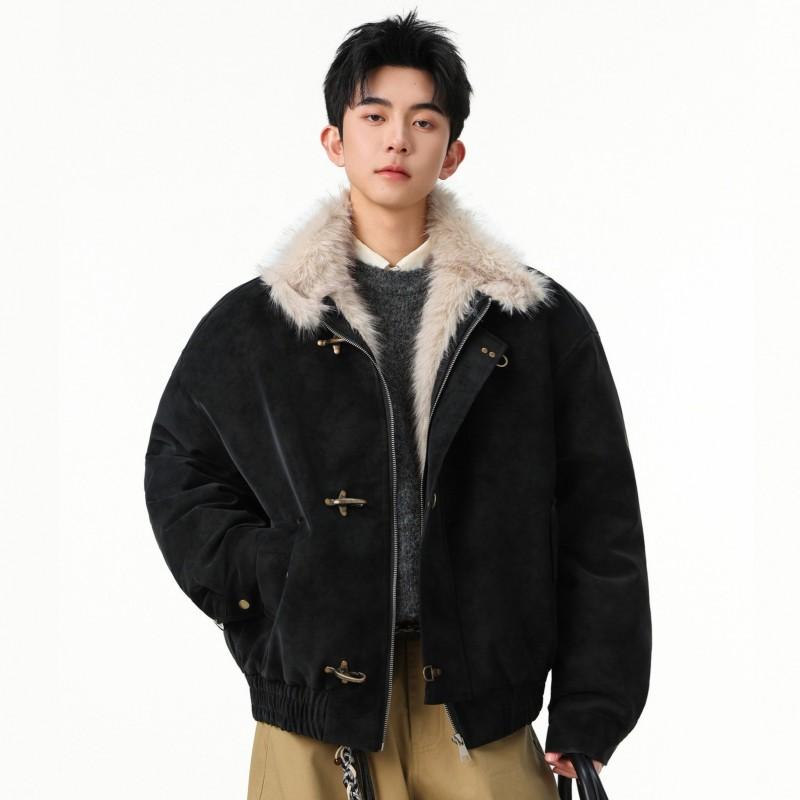 Mens Winter Fleece Lined PU Cotton Jacket Stand Collar Warm Casual Coat