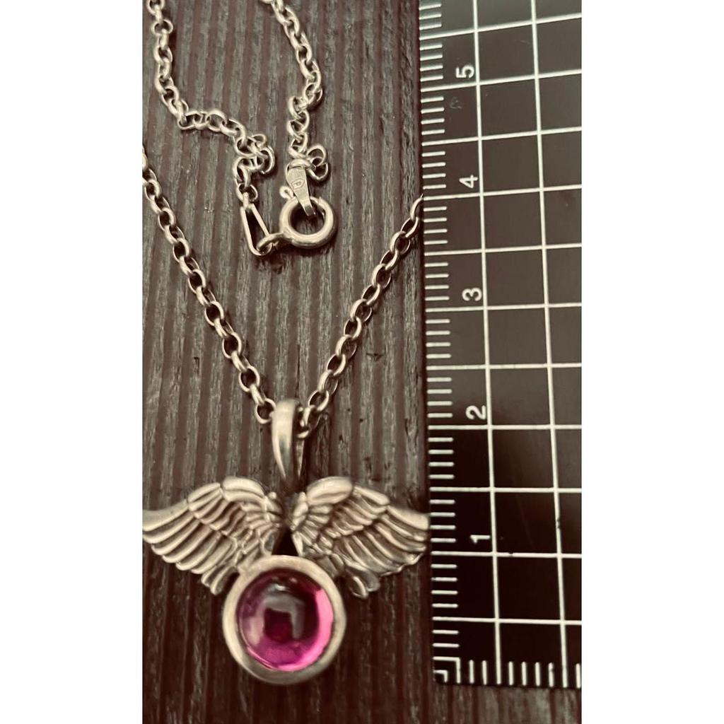 Used 950 Silver Wing Motif Pink Stone Pendant Necklace
