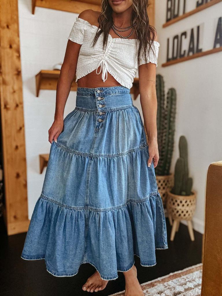 25-Year Anniversary Bohemian A-line Tiered Denim Midi Skirt 8922