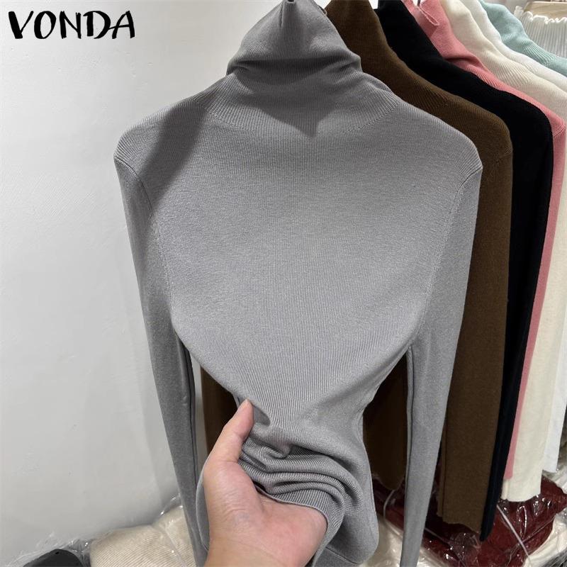 VONDA Autumn Women Turtleneck Long Sleeve Thin Casual Cropped Kniteed Sweater Tops Undershirts