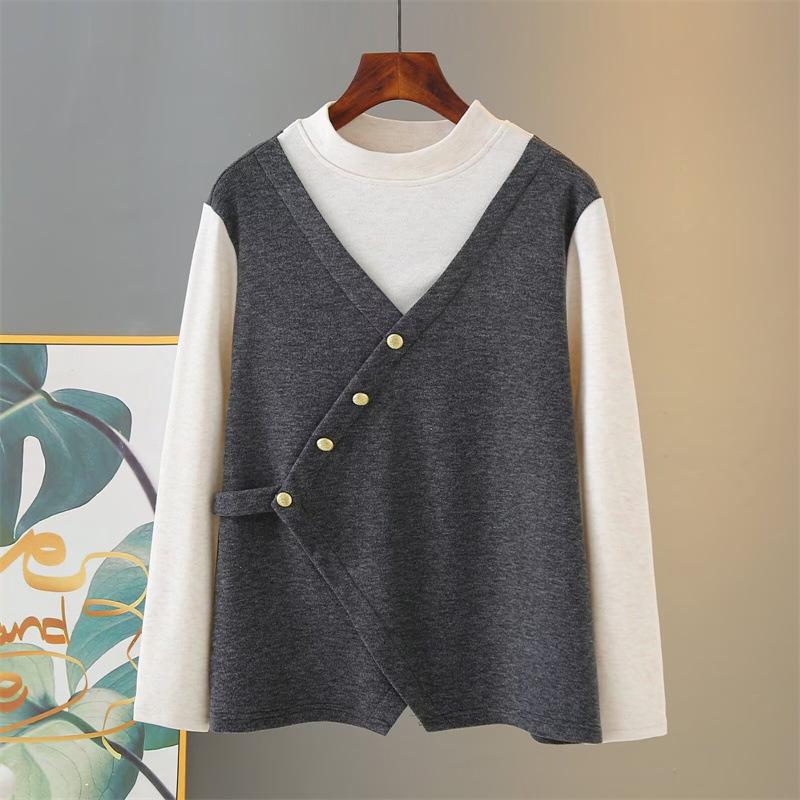

2025 Autumn/Winter Plus Size Faux 2-Piece Color Block Fleece Base Layer Top for Women 2XL бежевый