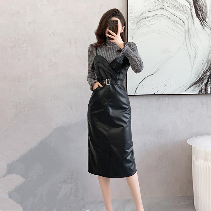 

Уличная одежда, платье из искусственной кожи, комплект из 2 предметов, женская одежда, Повседневная водолазка, рубашка с расклешенными рукавами и кожаное платье без бретелек, женские комплекты M чёрный