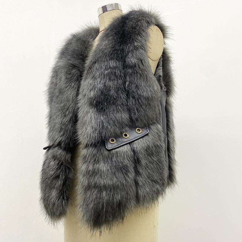 

Меховой жилет женский новый осенне-зимний теплый и экологичный мех имитация чернобурки ромбовидная пряжка накладной карман декоративный жилет XXXL темно-серого