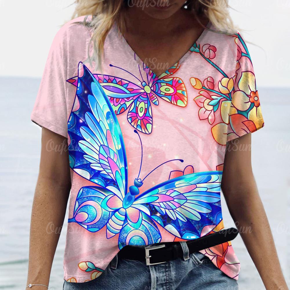 2024 Damen T-Shirt Sommer Schmetterling T-Shirt Übergröße Damenbekleidung Oversized Designer Kurzarmshirt Damen V-Ausschnitt Bluse