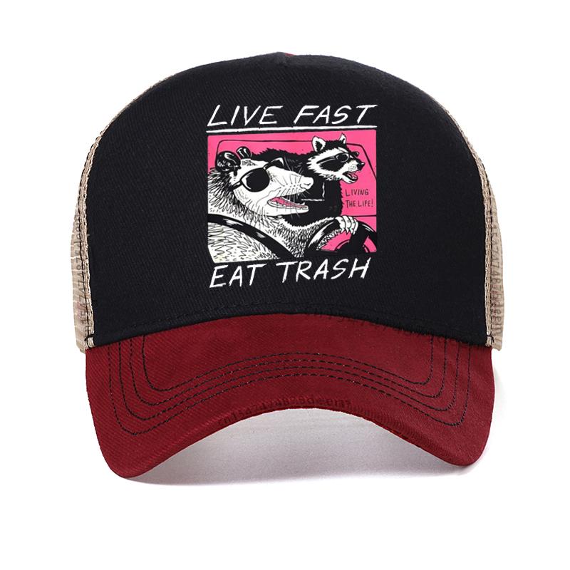 

Live Fast! Eat Trash! funny hat Hot Sale New Hip hop hats For Men Cotton Dad Hat summer Mesh Breathable hats Adjustable красный