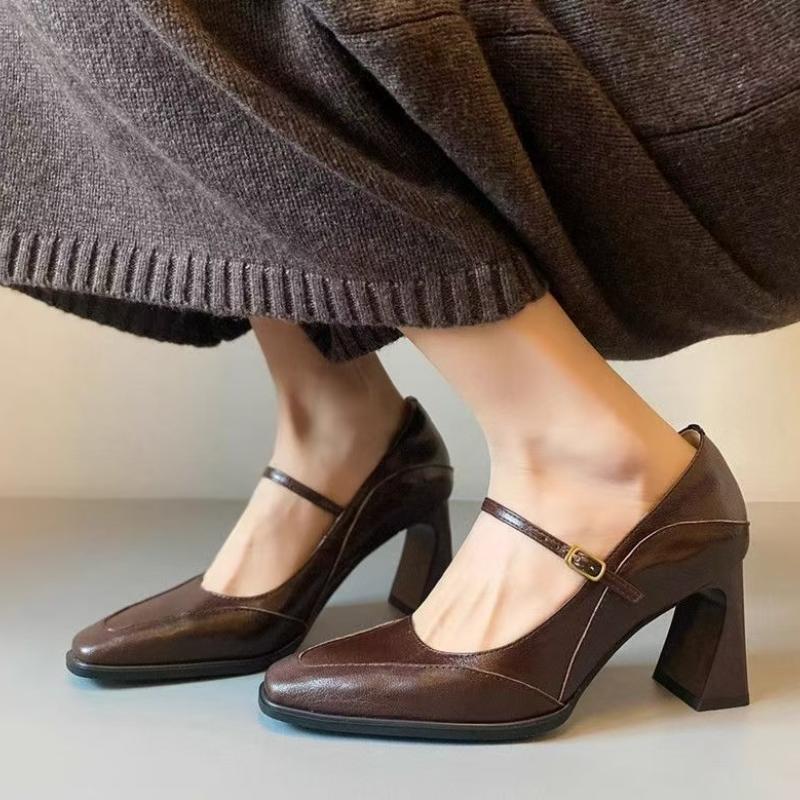 2025 New Heeled Shoes Woman Retro Shallow Mouth High Heel Mary Jane Shoes Square Head Pumps Fashion Heels for Ladies