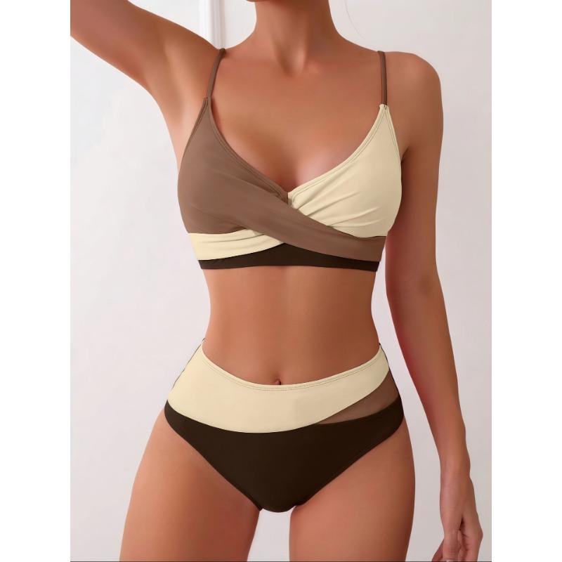 Black White Color Block Twist Front High Waist Bikini Set Spaghetti Strap Two Piece Swimwear