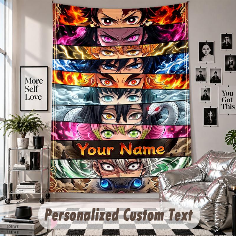 Wall Hanging Tapestry With Custom Name & Text, Demon Slayer Decorative Tapestry For Bedroom