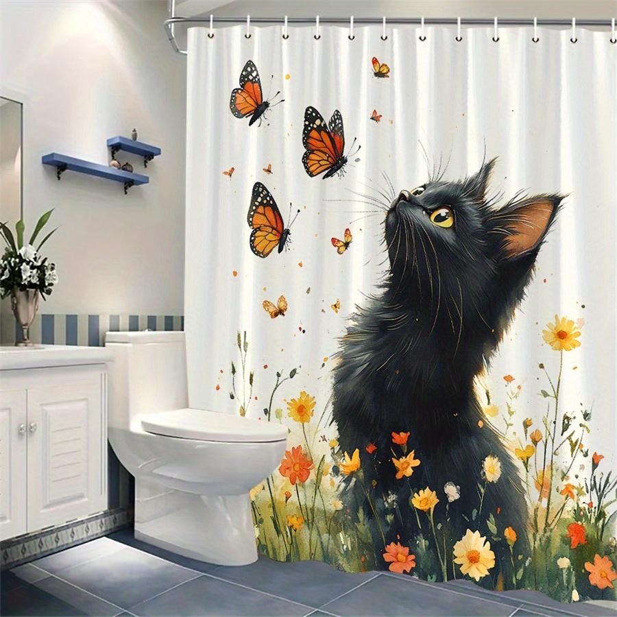 1Pc Black Cat Yellow Eyes Shower Curtain - Polyester Fabric, Machine Washable, Suitable For Bathroom Decoration