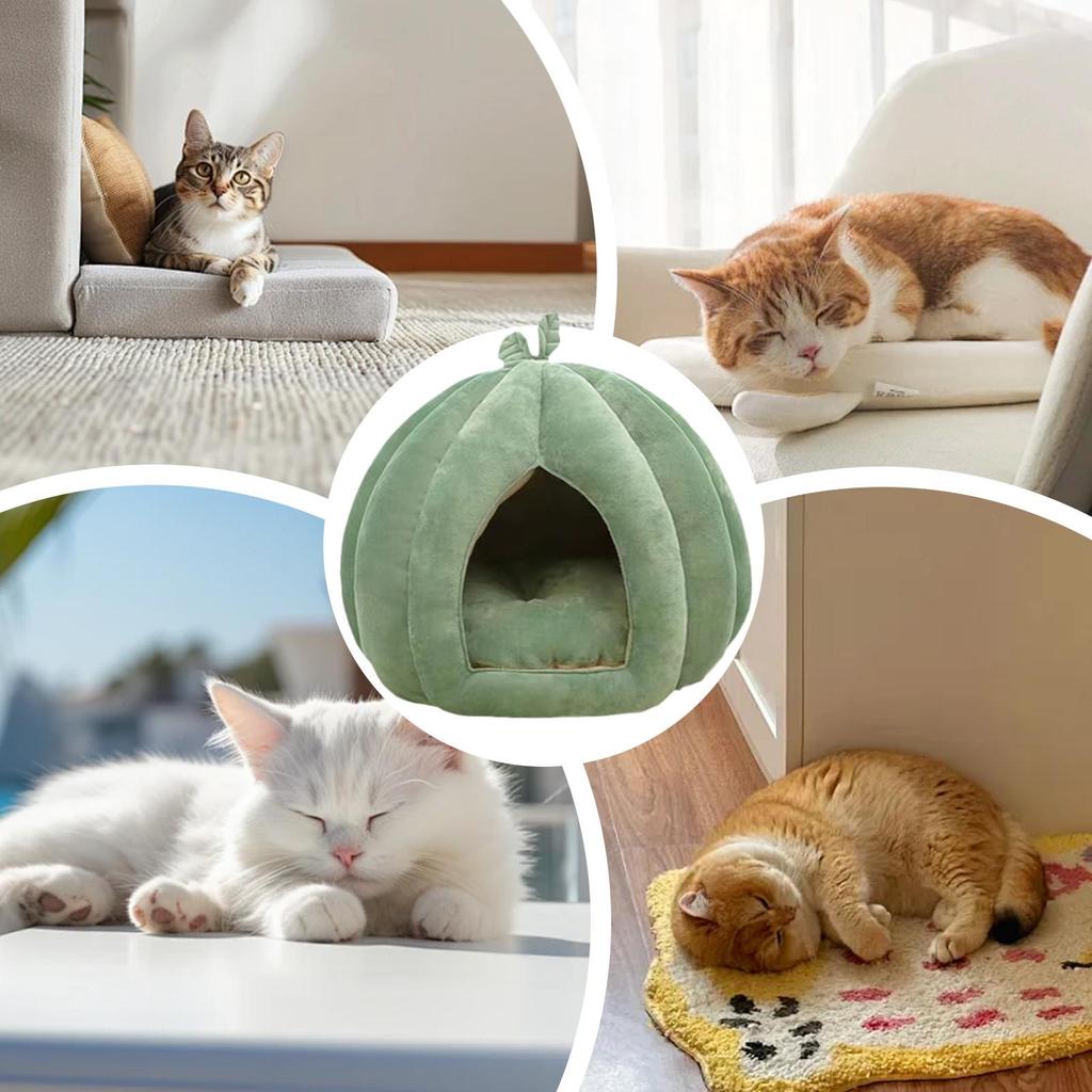 Pumpkin Shape Cat Bed Semi Enclosed Cat Cave House Winter Thickened Halloween Pet Hideaway For Kittens Puppy Pets Supplies