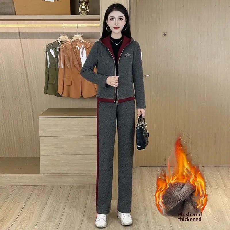 

Осенне-зимняя мода, повседневный свободный утолщенный флис, женский костюм-двойка, облегающая спортивная одежда, удобный элегантный стиль XS серый